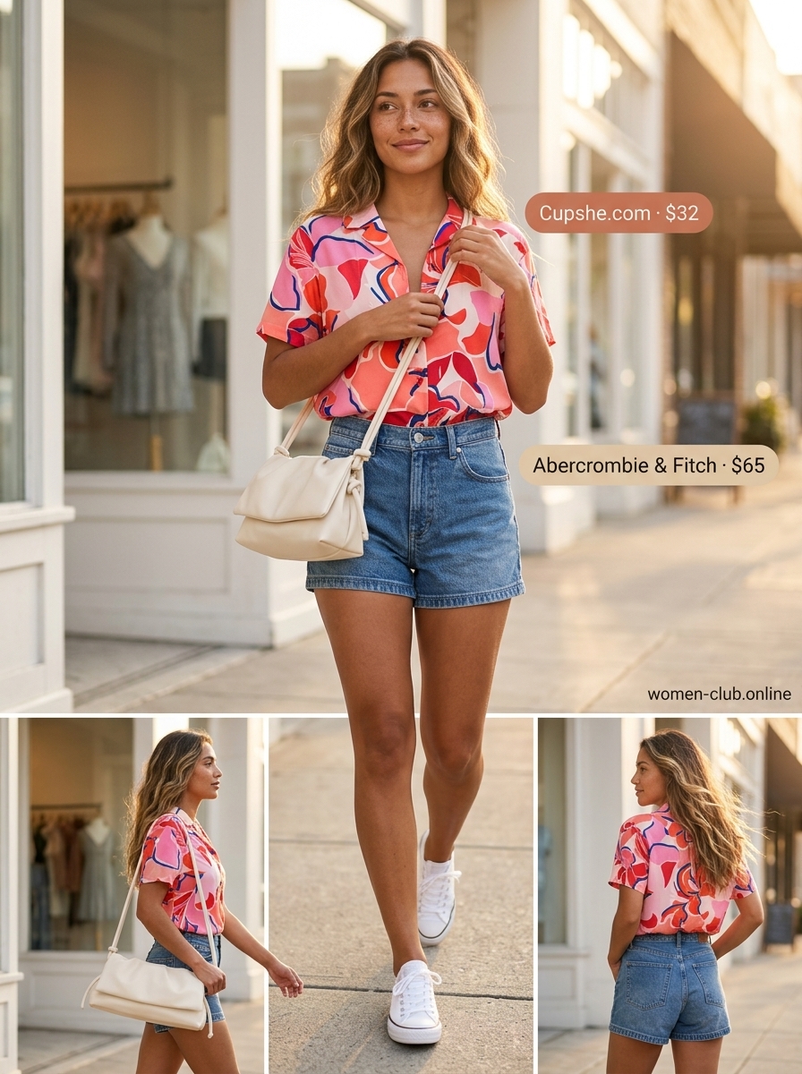 Denim shorts with coral floral blouse & white sneakers. Trendy outfits for women summer 2026.