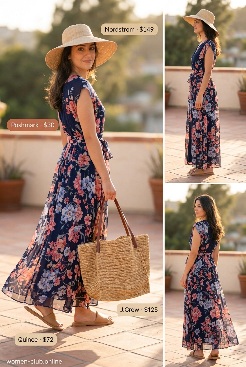 Navy floral maxi dress with straw hat and tote for trendy outfits for women summer 2026.