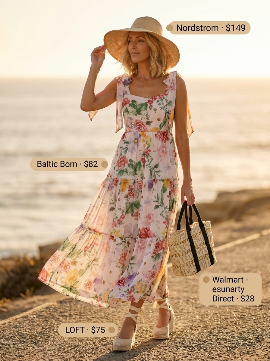 Boho floral maxi dress with straw tote & espadrilles. Trendy outfits for women summer 2026.