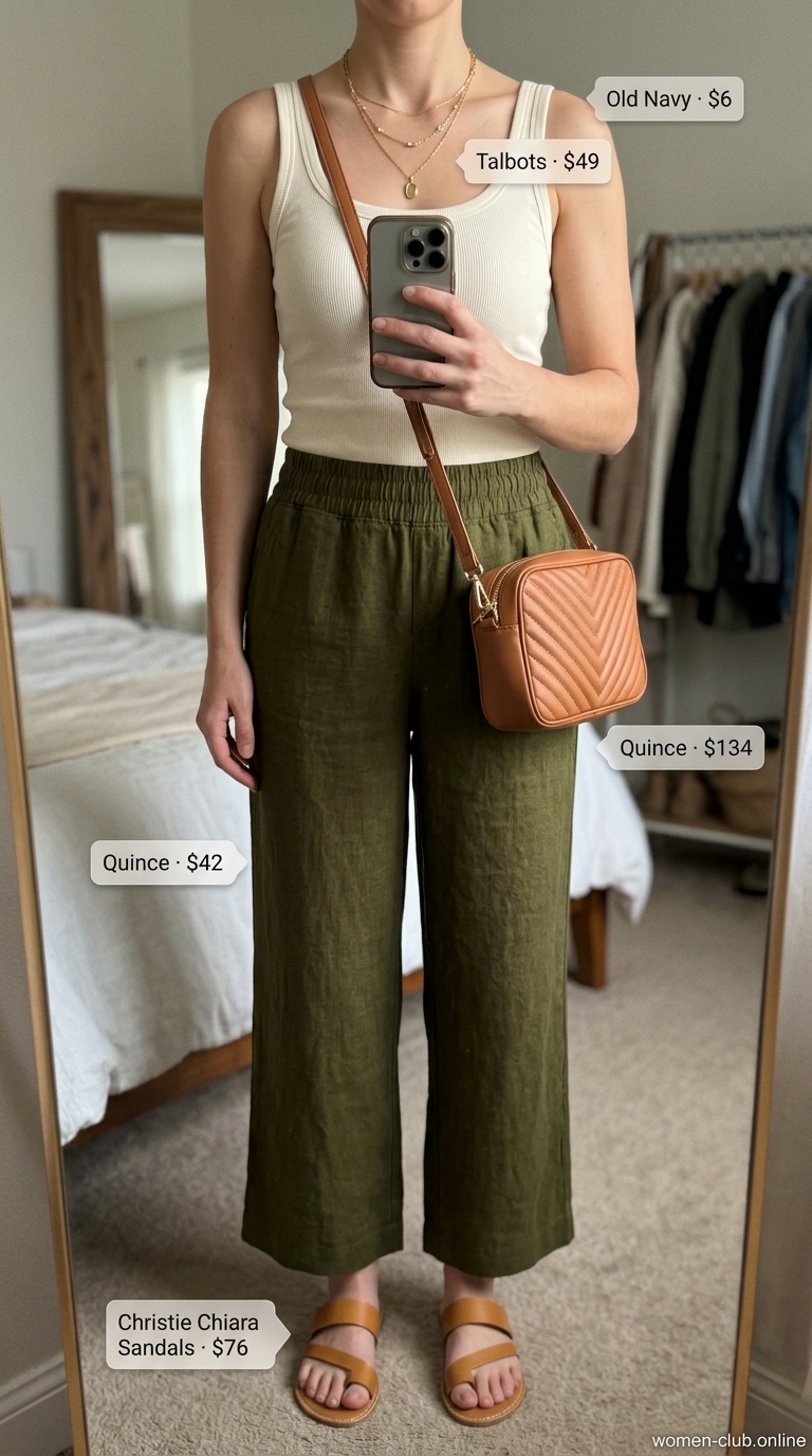Trendy outfits for women summer 2026: Sage green linen pants, cream tank, tan sandals, layered gold necklaces.
