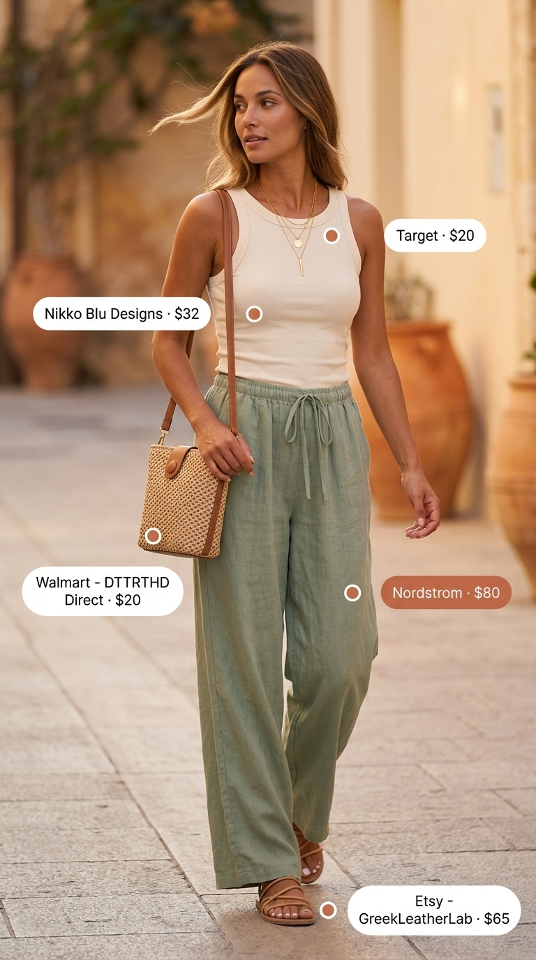 Sage green linen pants with cream tank top and tan sandals for trendy outfits for women summer 2026.