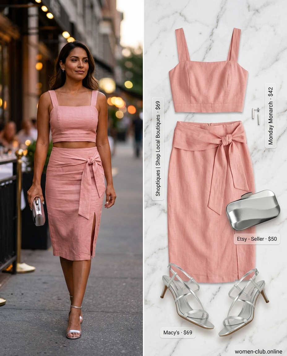 Trendy outfits for women summer 2026: Blush pink linen set, silver heels & clutch, geometric earrings.