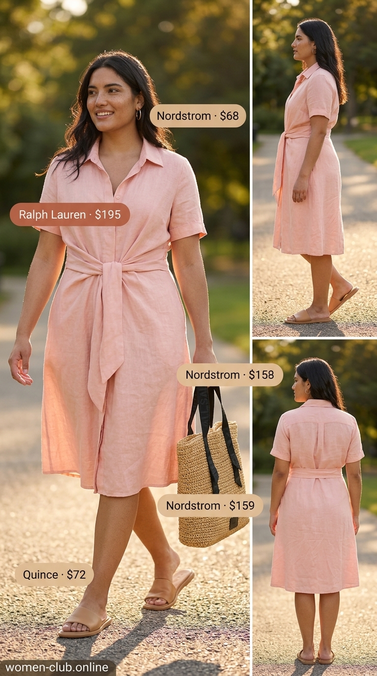 Blush pink linen shirt dress with tan slides & straw tote. Trendy outfits for women summer 2026.