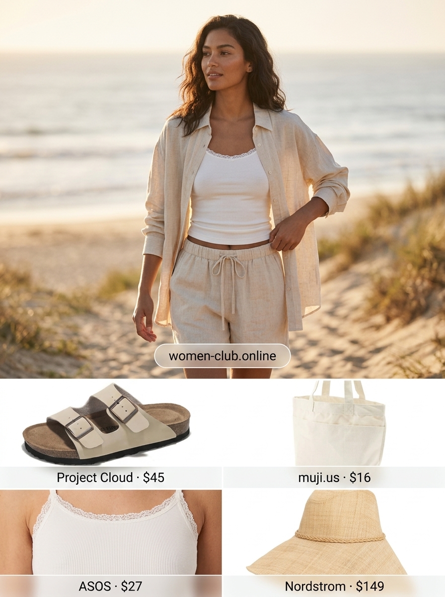 White linen shorts set with beige slides and straw hat for trendy outfits for women summer 2026.
