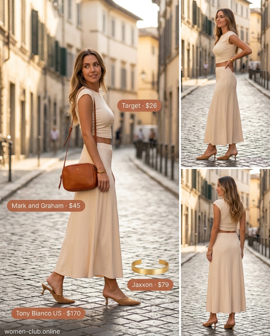 Cream knit midi skirt set with nude mules & gold bracelet. Trendy outfits for women summer 2026.