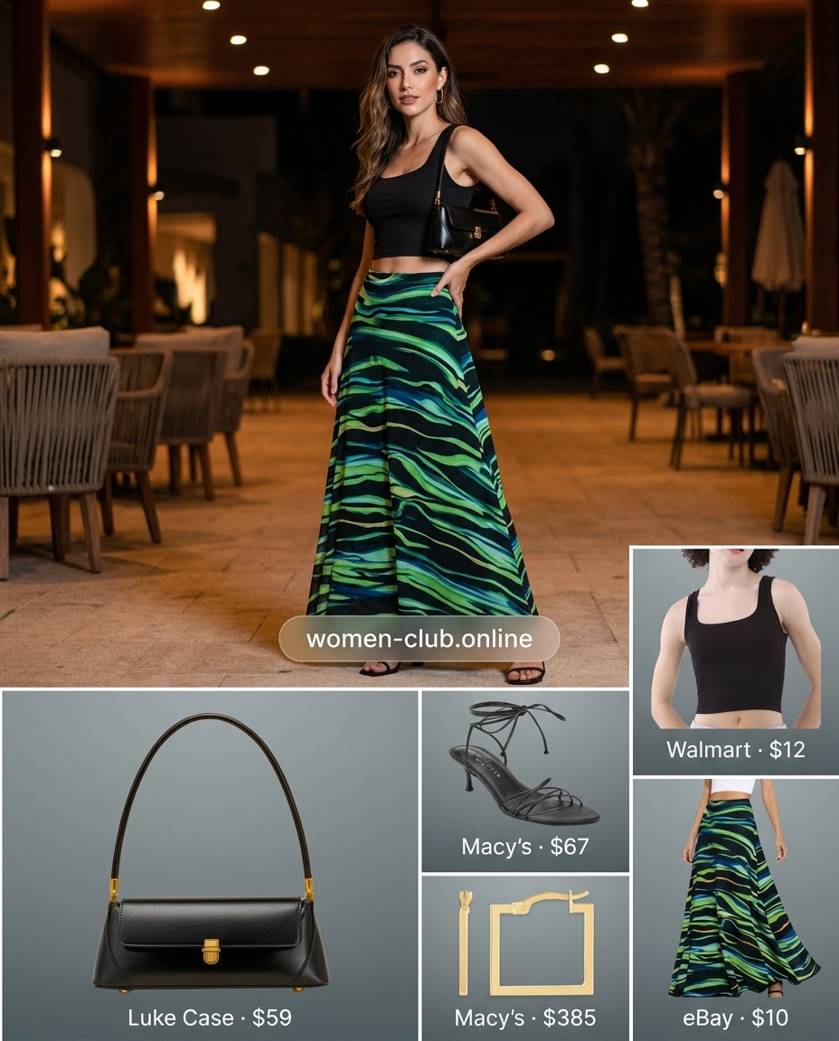 Trendy outfits for women summer 2026: Abstract print midi skirt, black tank, heeled sandals, gold earrings.