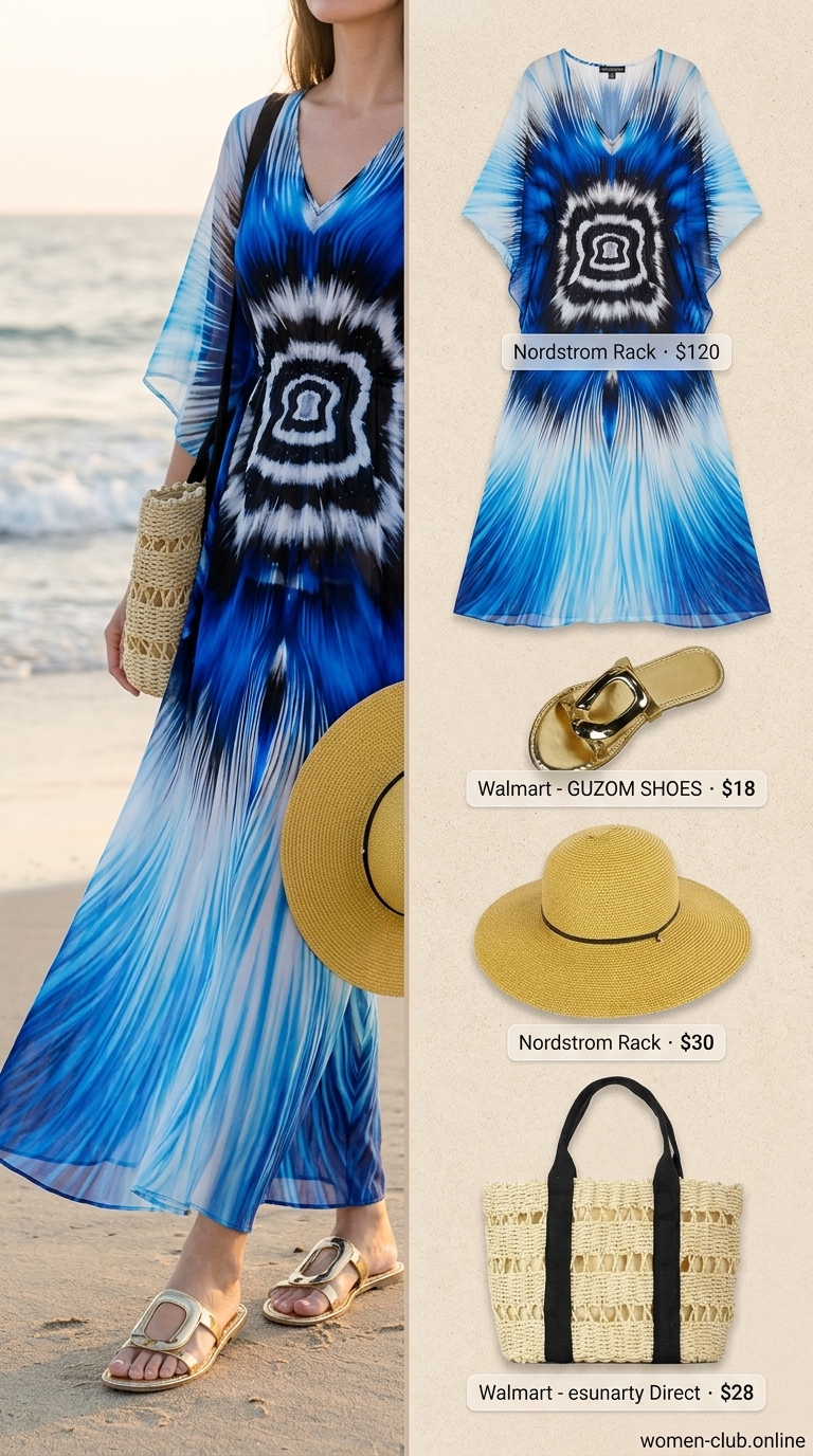 Trendy outfits for women summer 2026: Blue abstract print kaftan, gold sandals, straw hat & tote for beach vacation.