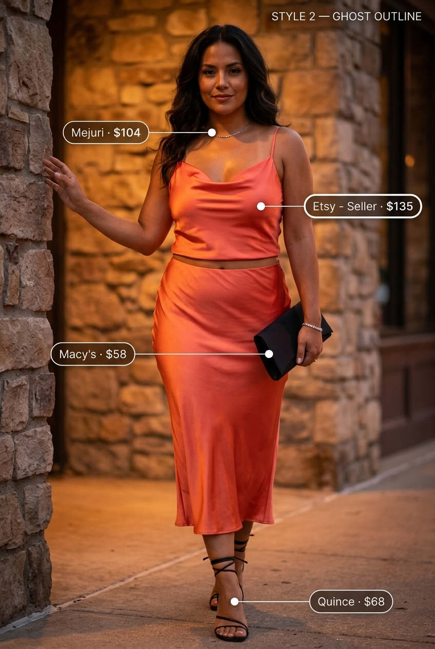 Vibrant coral silk slip dress with black heels & clutch. Trendy outfits for women summer 2026.