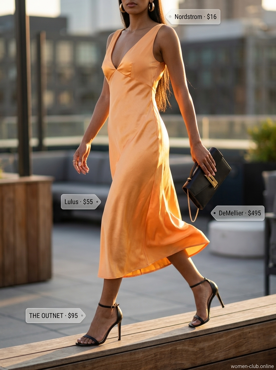 Mango orange slip dress with black sandals and gold hoops for trendy outfits for women summer 2026.