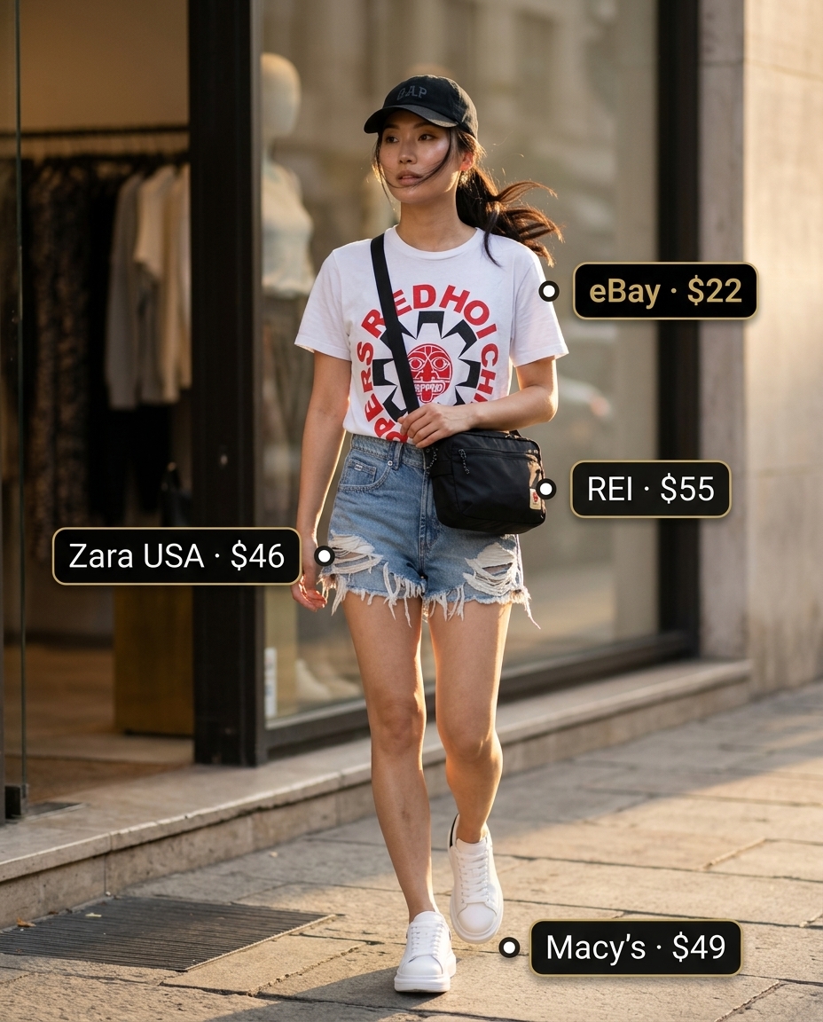 Denim shorts with graphic tee and chunky sneakers for trendy outfits for women summer 2026.
