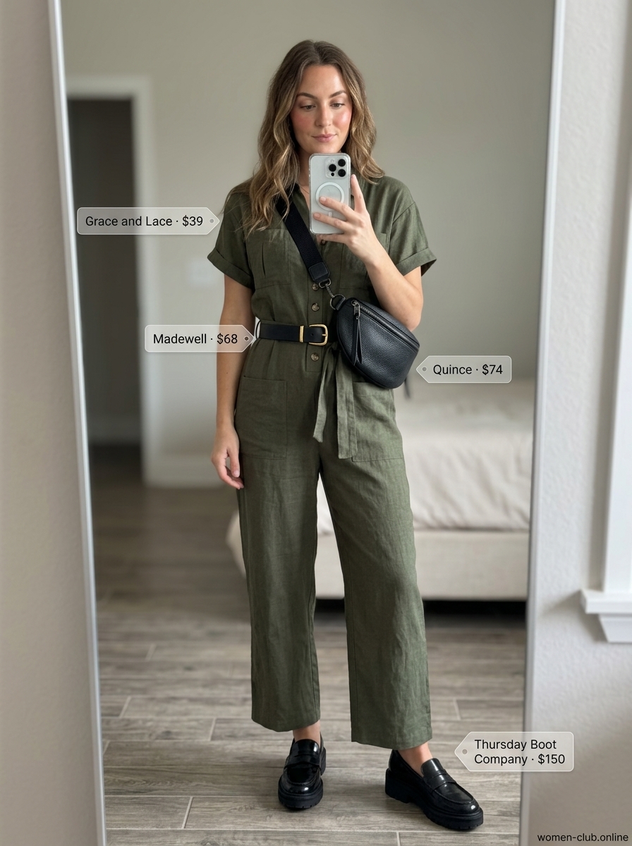 Trendy outfits for women summer 2026: Khaki utility jumpsuit, black belt bag & platform loafers for weekend.