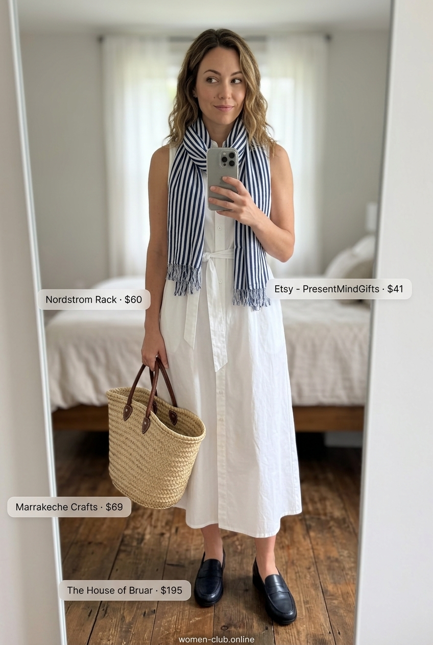 Trendy outfits for women summer 2026: White shirt dress, navy loafers, straw tote & striped scarf for picnic.