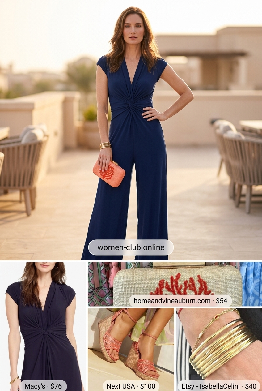 Navy blue wide-leg jumpsuit with coral espadrilles for trendy outfits for women summer 2026.