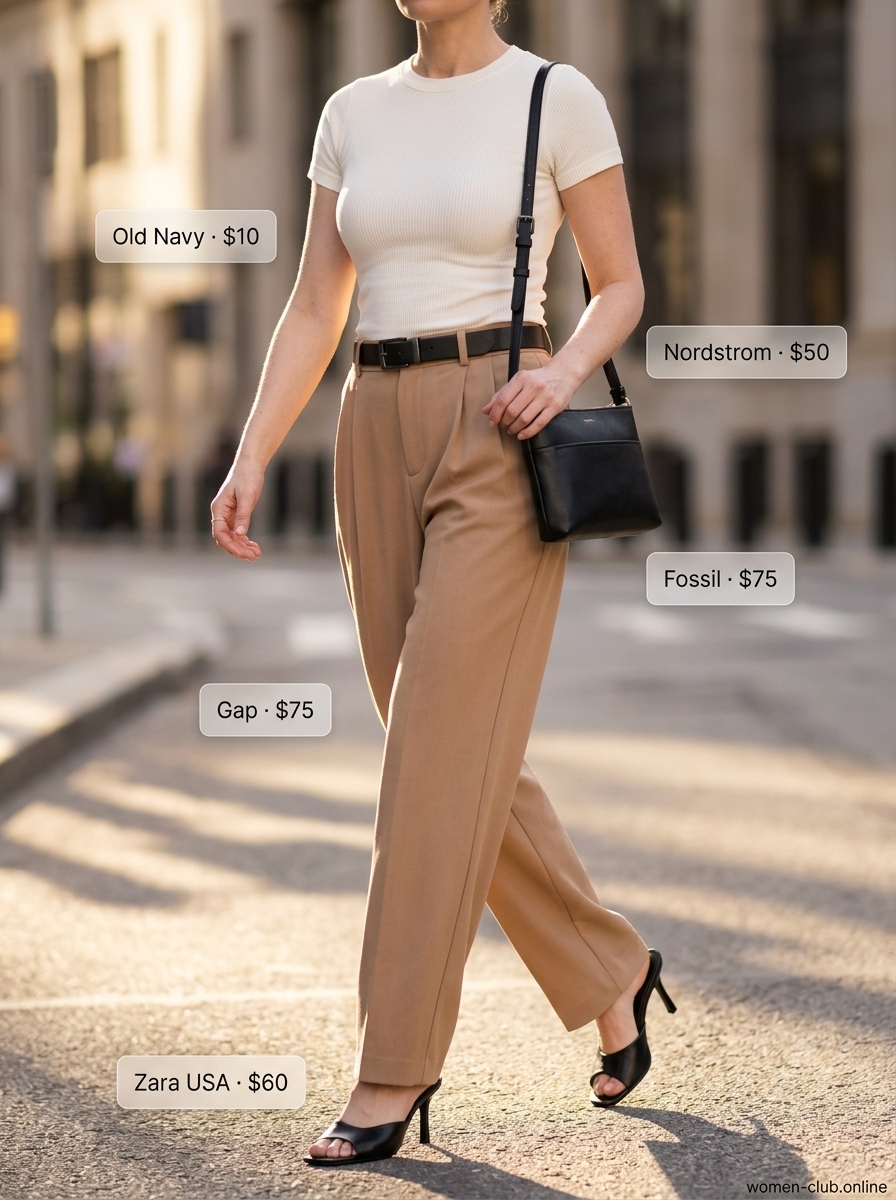 Trendy outfits for women summer 2026: Camel wide-leg pants, ivory knit top, black belt & mules for casual evening.