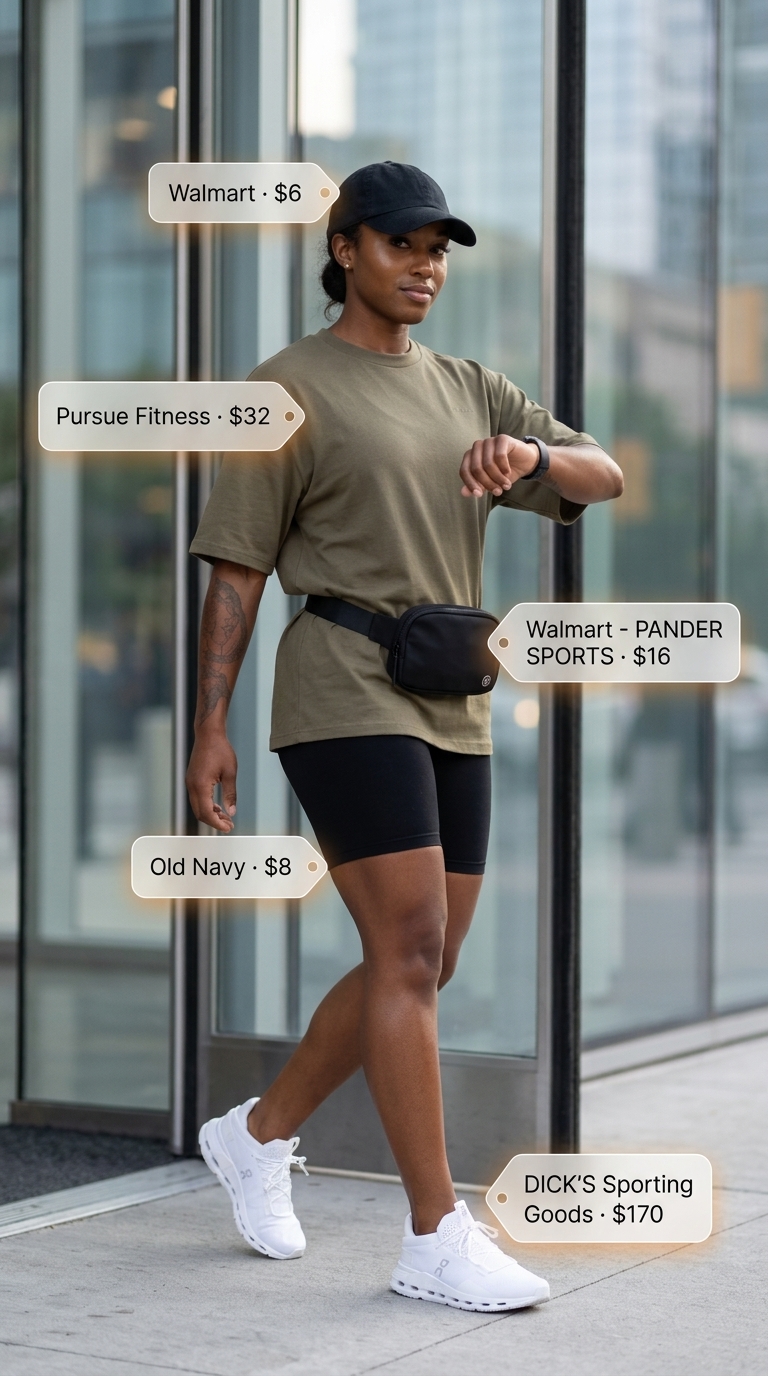 Active Summer Oversized Shirt 2026 Trendy oversized summer outfit for women 2026: Olive athletic tee, black biker shorts, sneakers for active days.