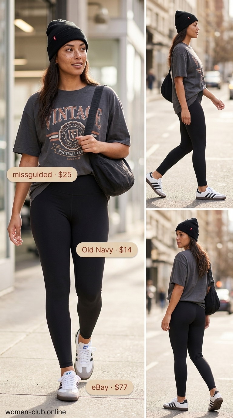 Elevated Athleisure Look 2026 Trendy oversized summer outfit for women 2026: Grey graphic tee, black leggings, sneakers for elevated athleisure.