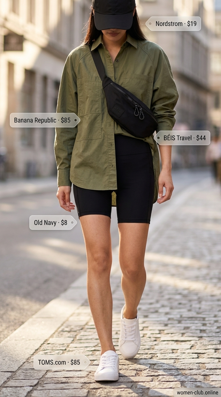 City Explorer Utility Outfit 2026 Trendy oversized summer outfit for women 2026: Olive oversized shirt, black biker shorts, sneakers for city exploration.