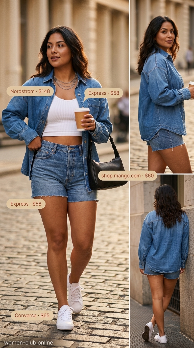 Oversized Summer Outfit 2026: Denim Duo Casual Cool Trendy oversized summer outfit 2026: Medium wash denim oversized shirt, white shorts, white sneakers, black crossbody bag.