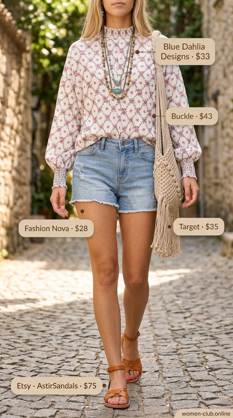 Oversized Summer Outfit 2026: Boho Floral Shirt Style Trendy oversized summer outfit 2026: Pastel floral oversized shirt, light wash denim shorts, leather sandals, macrame bag.