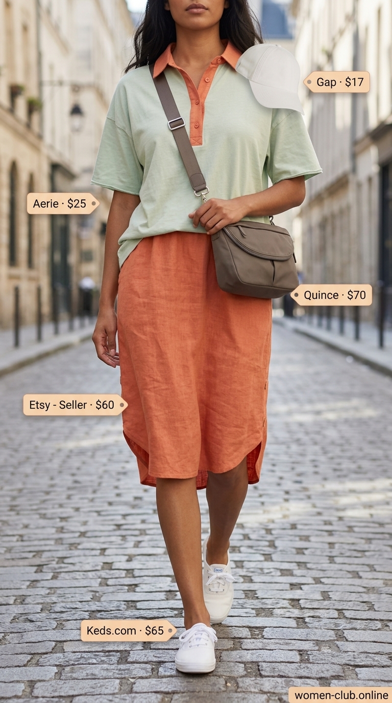 City Explorer Linen Dress 2026 Trendy oversized summer outfit for women 2026: Coral linen shirt dress, sneakers, crossbody bag for city exploration.