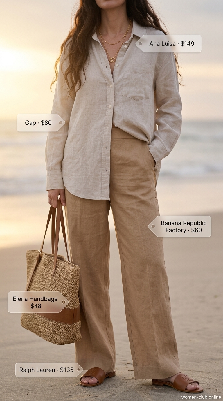 Sunset Beach Linen Set 2026 Trendy oversized summer outfit for women 2026: Cream linen shirt, wide-leg pants, straw tote for relaxed beach days.