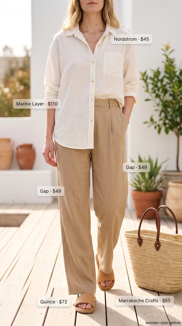 Oversized Summer Outfit 2026: Coastal Linen Set Chic Trendy oversized summer outfit 2026: Off-white linen shirt, tan linen pants, leather slides, straw tote, delicate gold necklace.