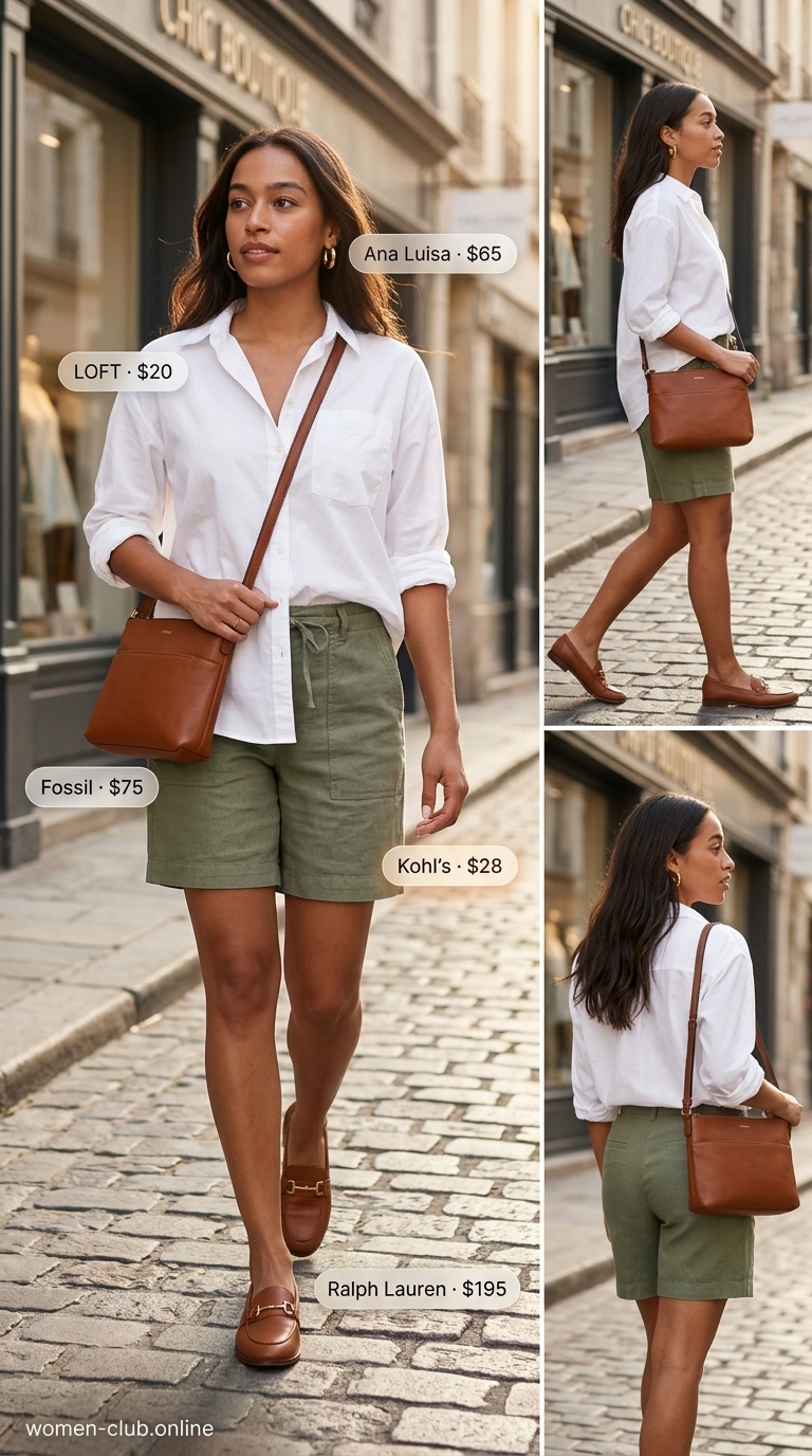 Oversized Summer Outfit 2026: Linen Shorts Brunch Style Trendy oversized summer outfit 2026: Olive linen shorts, white oversized shirt, gold hoops, tan loafers & crossbody bag for brunch.