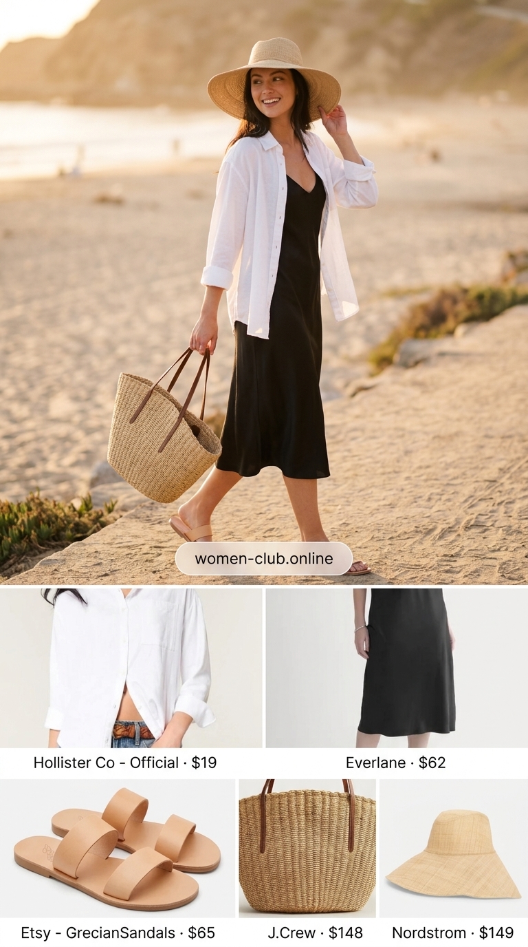 Beach Vacation Linen Outfit 2026 Trendy oversized summer outfit for women 2026: White linen shirt over black slip dress, straw hat & tote for beach vacation.