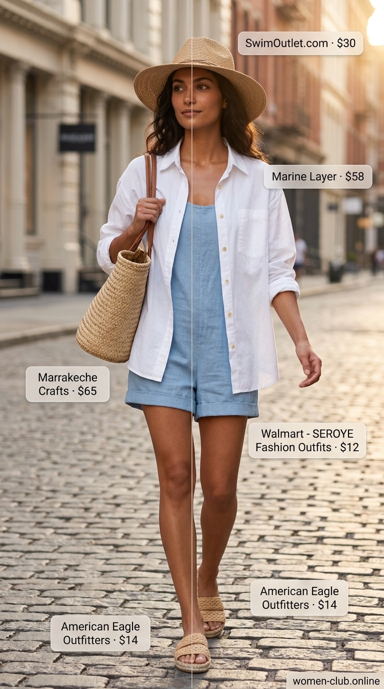 Vacation Romper Outfit 2026 Trendy oversized summer outfit for women 2026: Light blue romper, optional white shirt, straw hat for vacation.