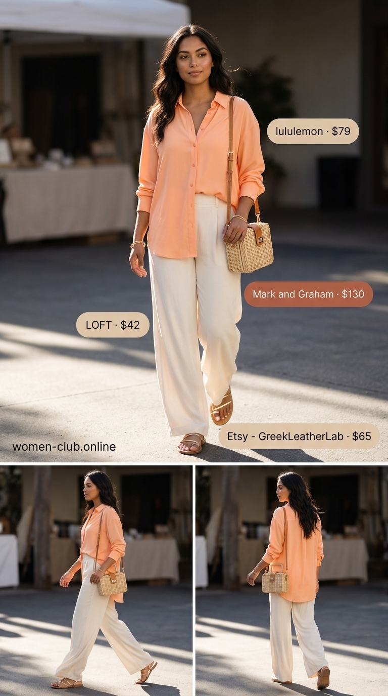 Sunset Vibes Oversized Summer Outfit 2026 Apricot oversized shirt, cream palazzo pants, gold sandals for a trendy oversized summer outfit for women 2026.