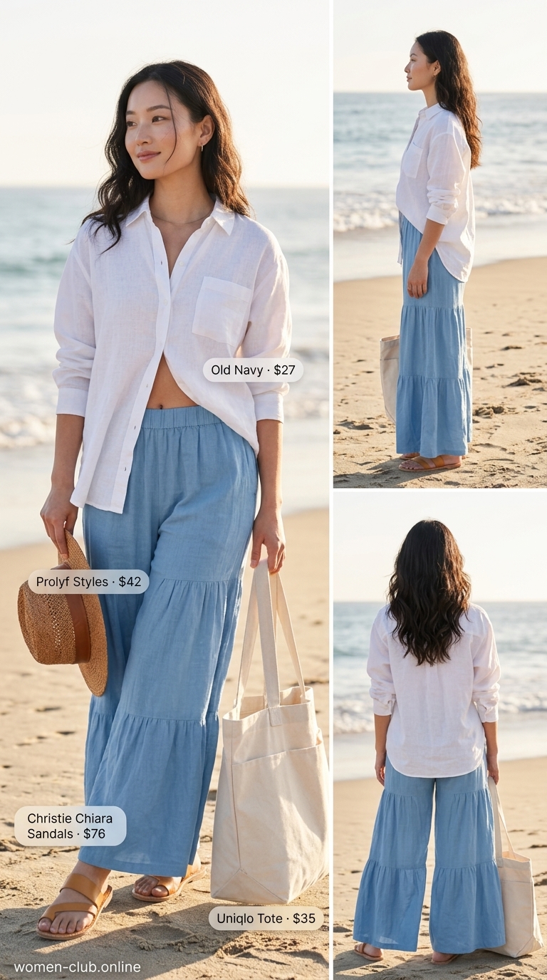 Wide Leg Pants Oversized Summer Outfit 2026 Sky blue wide leg pants, white oversized shirt, tan sandals for a trendy oversized summer outfit for women 2026.