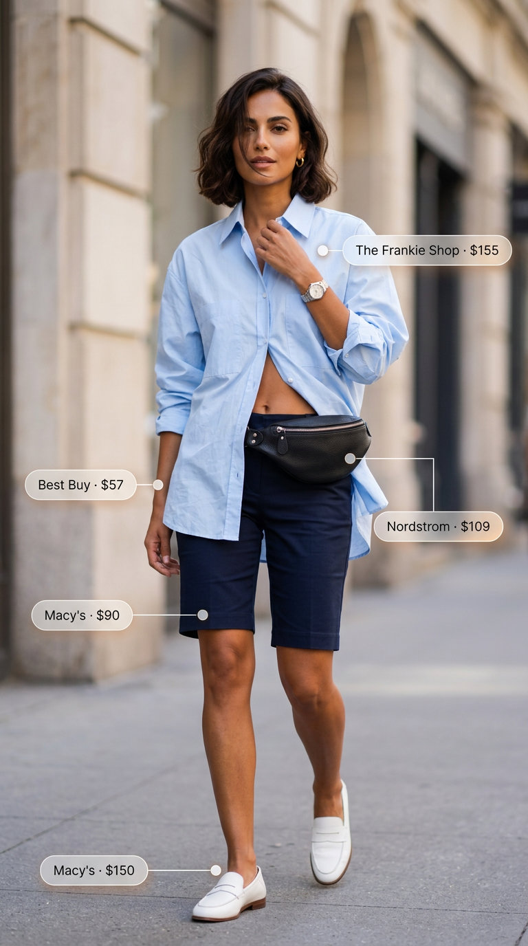Smart Casual Oversized Summer Outfit 2026 Light blue oversized shirt, navy shorts, loafers for a trendy oversized summer outfit for women 2026.