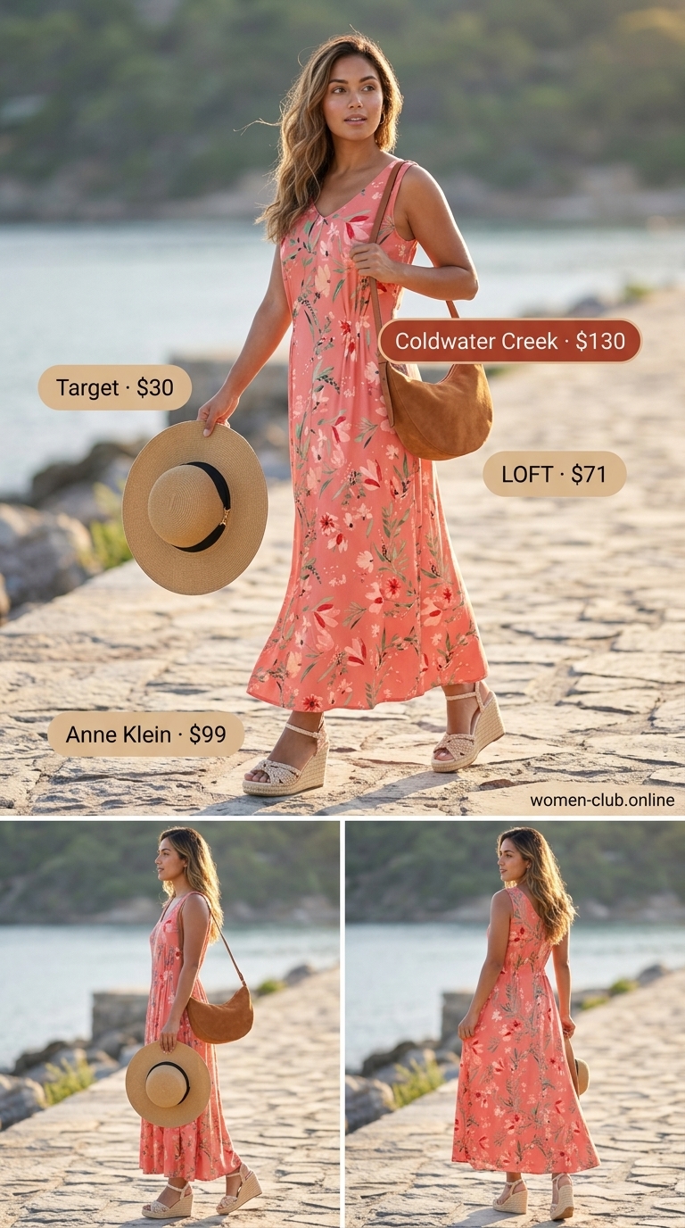 Boho Maxi Oversized Summer Outfit 2026 Coral floral maxi dress, cream oversized shirt, straw hat for a trendy oversized summer outfit for women 2026.