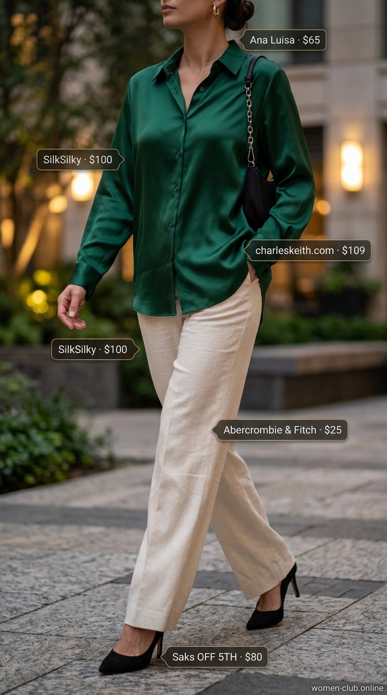 Elegant Oversized Summer Outfit 2026 Emerald green oversized shirt, cream trousers, heels for a trendy oversized summer outfit for women 2026.