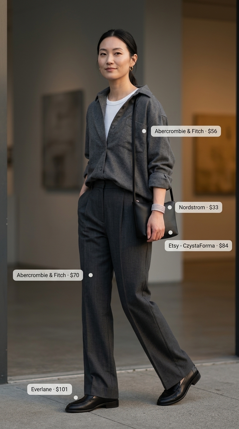 Monochrome Oversized Summer Outfit 2026 Grey oversized shirt, black trousers, loafers for a trendy oversized summer outfit for women 2026.