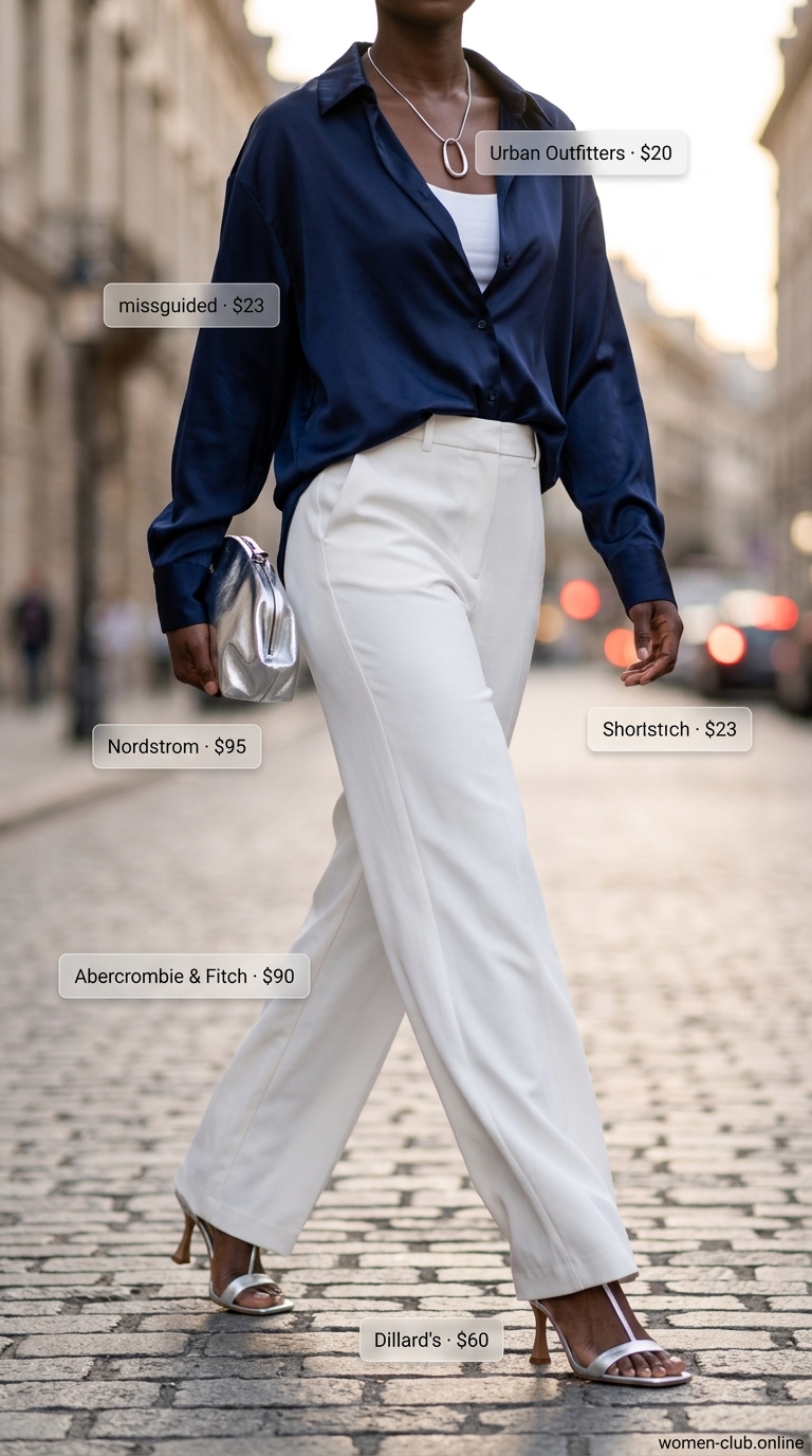 Chic Oversized Summer Outfit 2026 Navy blue oversized shirt, white trousers, silver heels for a trendy oversized summer outfit for women 2026.