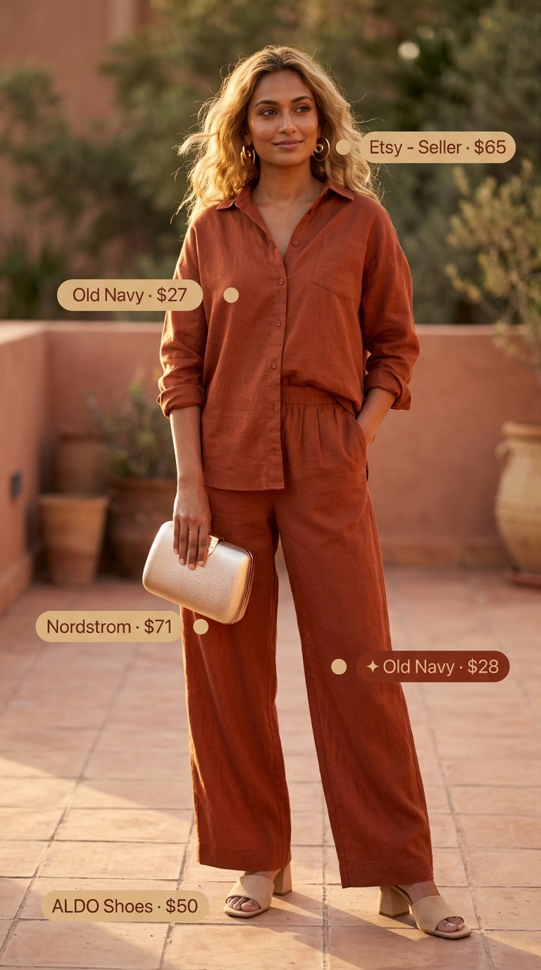 Linen Set Oversized Summer Outfit 2026 Terracotta linen shirt, terracotta pants, gold earrings for a trendy oversized summer outfit for women 2026.