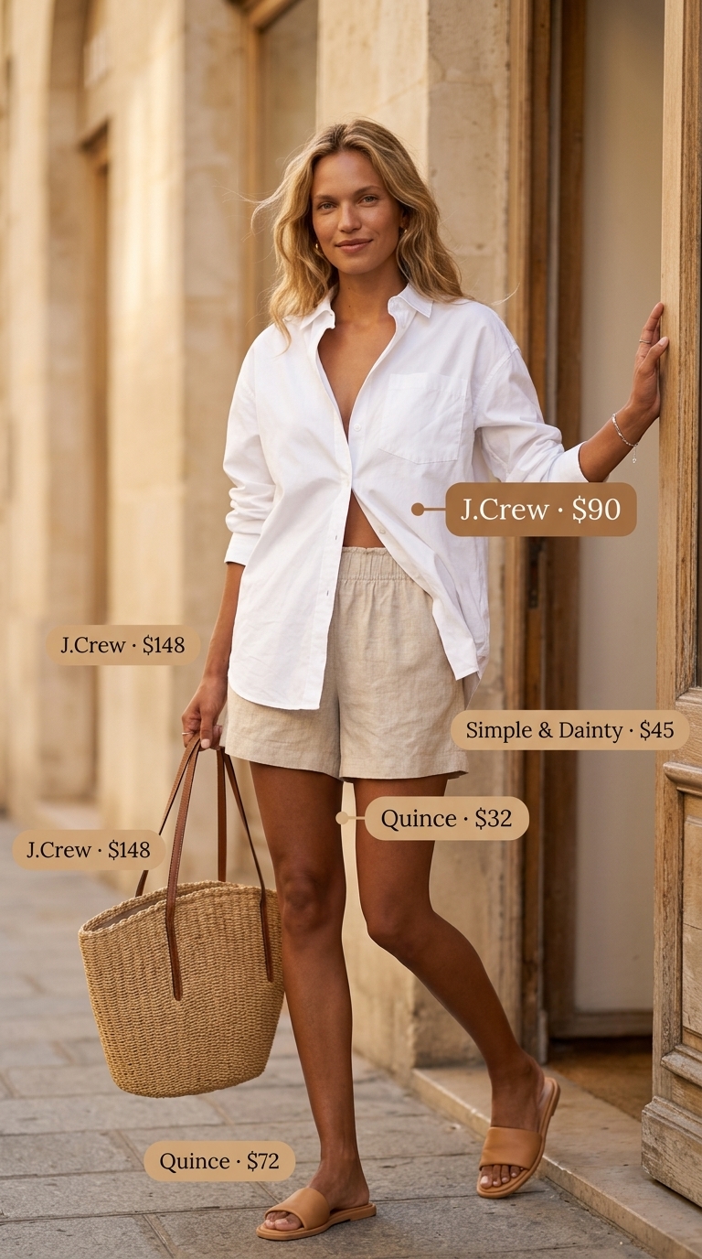 Coastal Breeze Oversized Summer Outfit 2026 White oversized shirt, beige shorts, sandals for a trendy oversized summer outfit for women 2026.