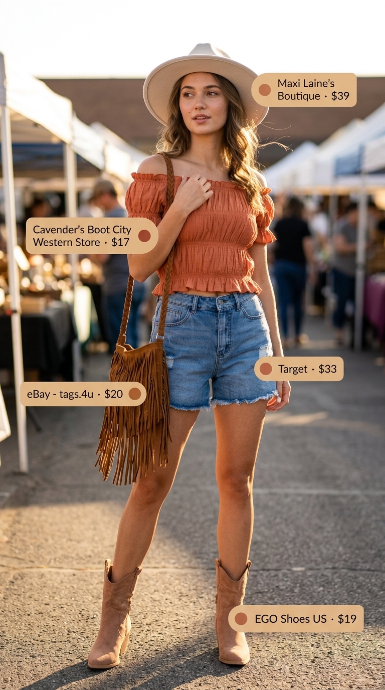 Festival Crop Top Outfits 2026 Boho rust off-the-shoulder crop top outfit for festival vibes in 2026. Free-spirited and playful.