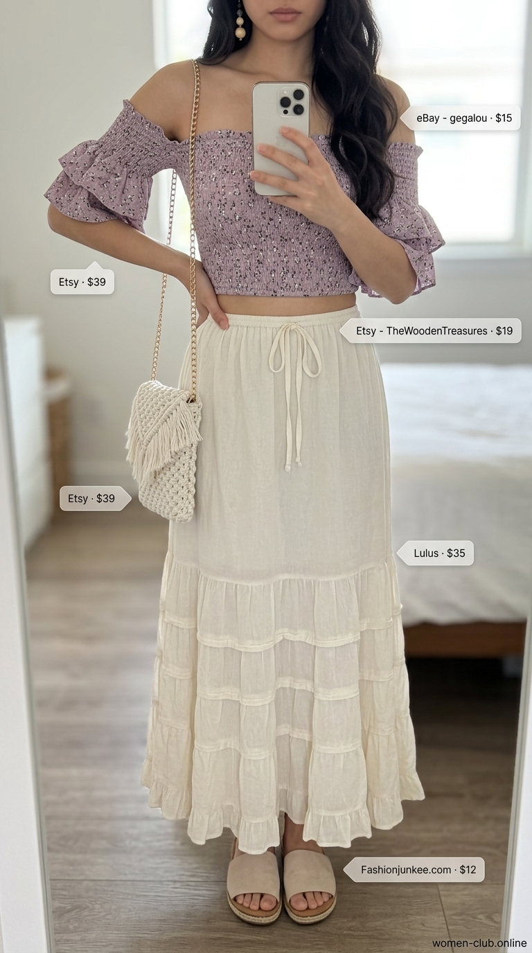 Boho Garden Dream: Trendy Summer Crop Top Outfits 2026 Trendy summer crop top outfits 2026: Lavender floral crop top with cream tiered maxi skirt for a boho garden party.