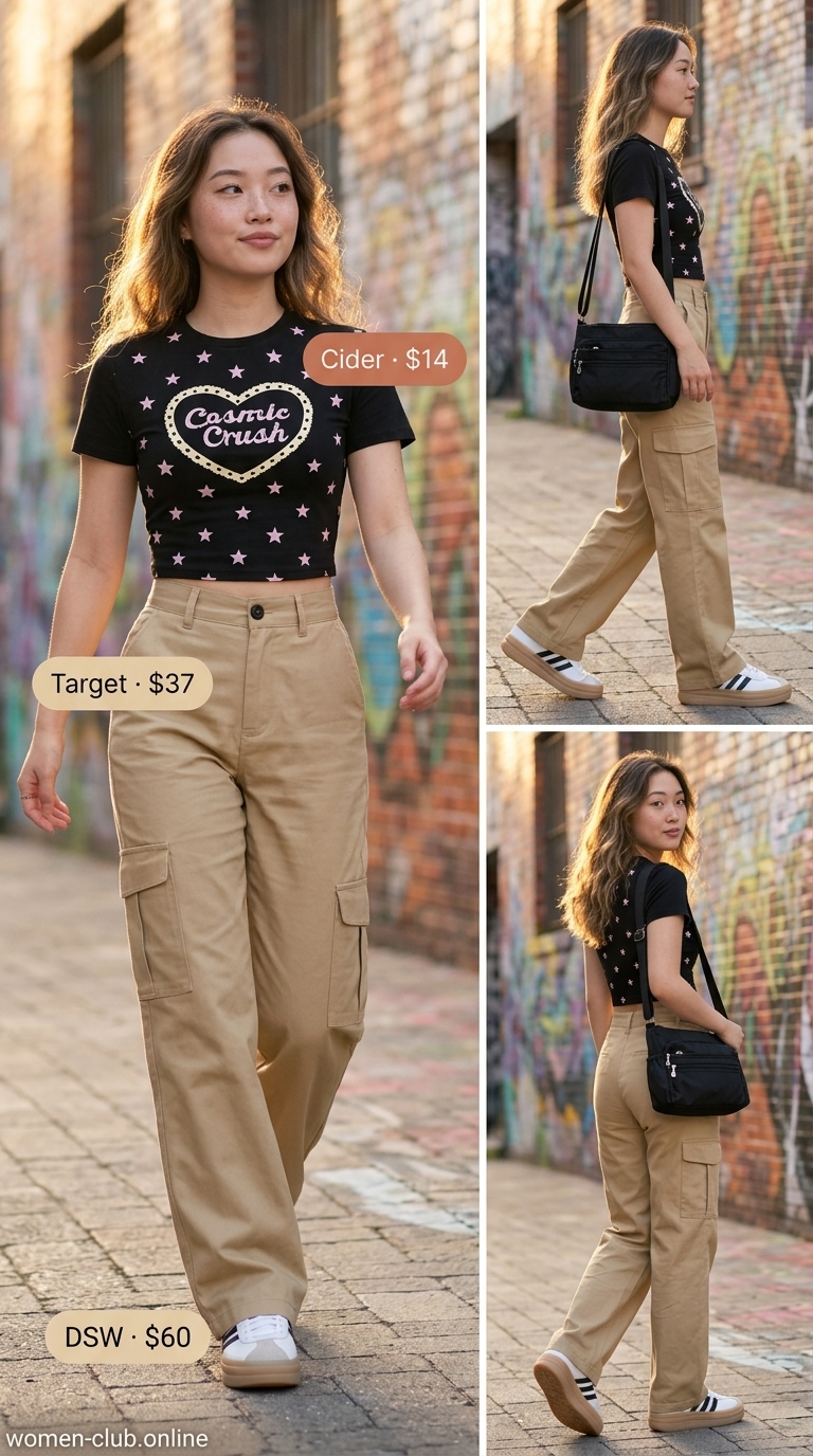Street Smart City Explorer 2026: Cargo Pants & Floral Crop Top Khaki cargo pants & floral puff-sleeve crop top for Street Smart City Explorer 2026.