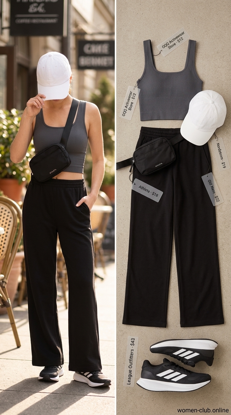 Dynamic Athleisure Brunch: Trendy Summer Crop Top Outfits 2026 Trendy summer crop top outfits 2026: Charcoal athletic crop top with black joggers for a dynamic athleisure brunch.