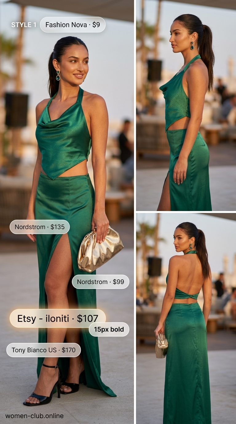 Poolside Sunset Glamour 2026: Emerald Satin Crop Top Emerald green satin halter crop top with gold heels for Poolside Sunset Glamour 2026.