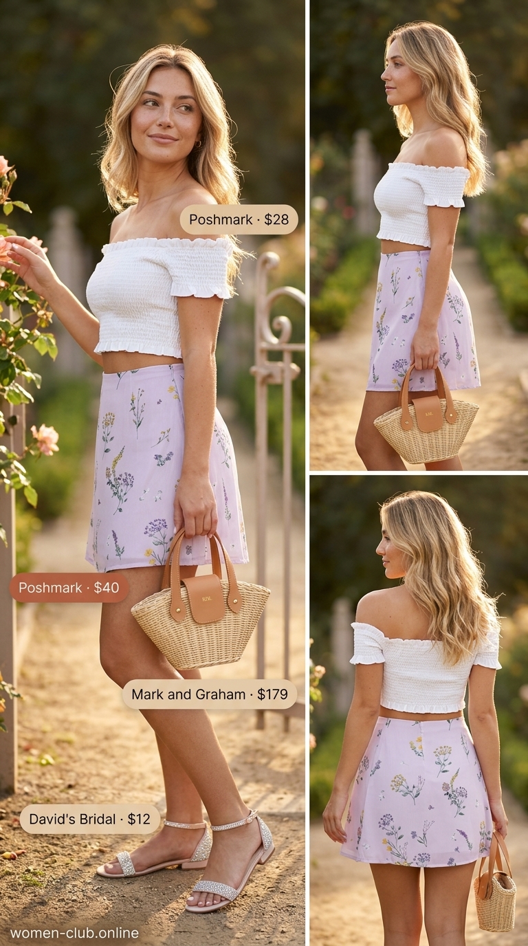 Flirty Garden Date: Trendy Summer Crop Top Outfits 2026 Trendy summer crop top outfits 2026: White off-the-shoulder crop top with lavender floral mini skirt for a garden party.
