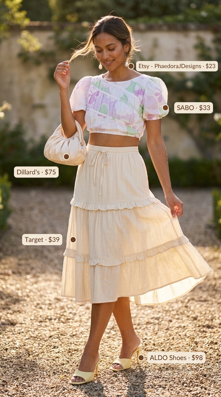 Romantic Garden SoirΓ©e 2026: Floral Crop Top & Tiered Skirt Lavender floral puff-sleeve crop top with tiered midi skirt for Romantic Garden SoirΓ©e 2026.