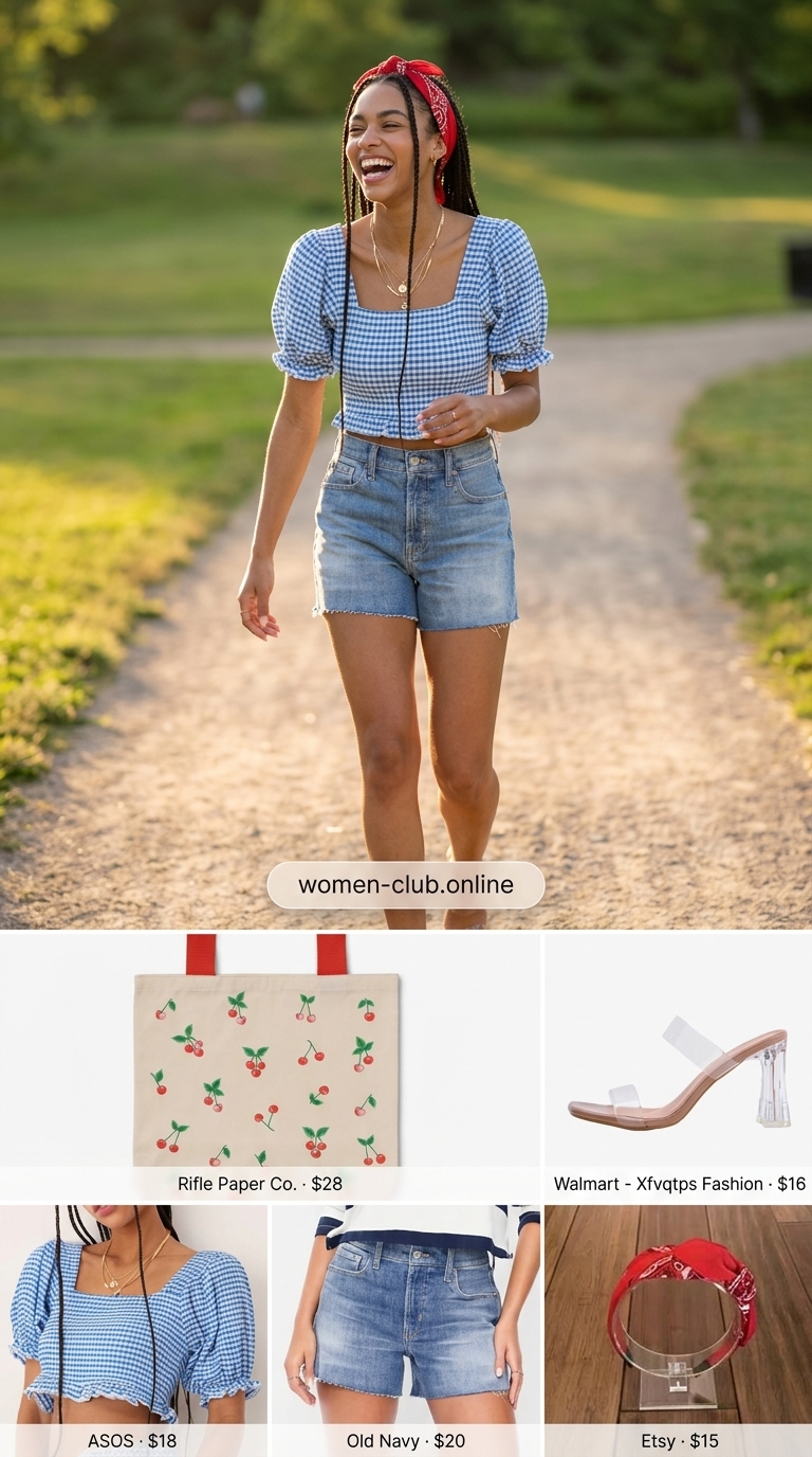 Playful Picnic Outfit 2026: Gingham Crop Top & Denim Shorts Blue gingham puff-sleeve crop top with denim shorts for a Playful Picnic 2026.