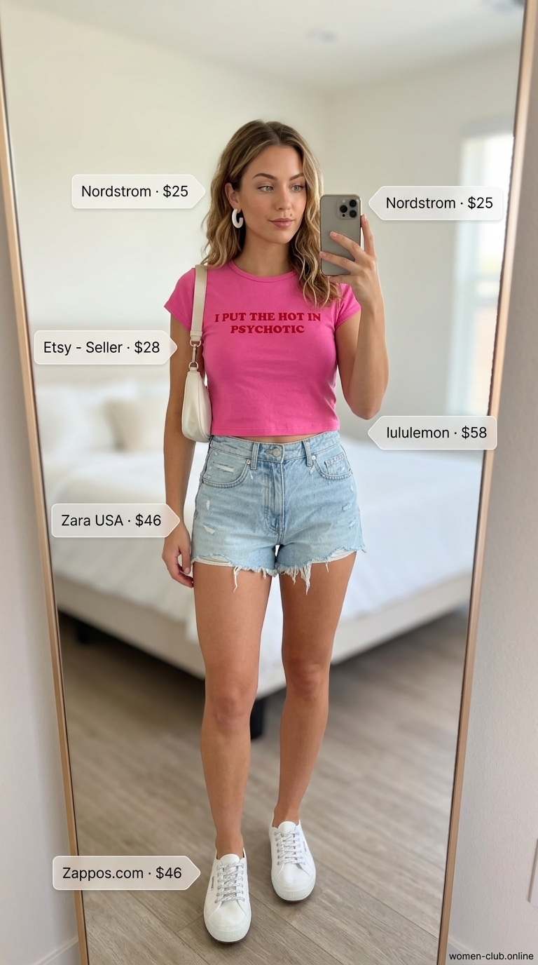 Retro Pop Playdate: Trendy Summer Crop Top Outfits 2026 Trendy summer crop top outfits 2026: Hot pink graphic crop top with light wash denim shorts for a playful day trip.