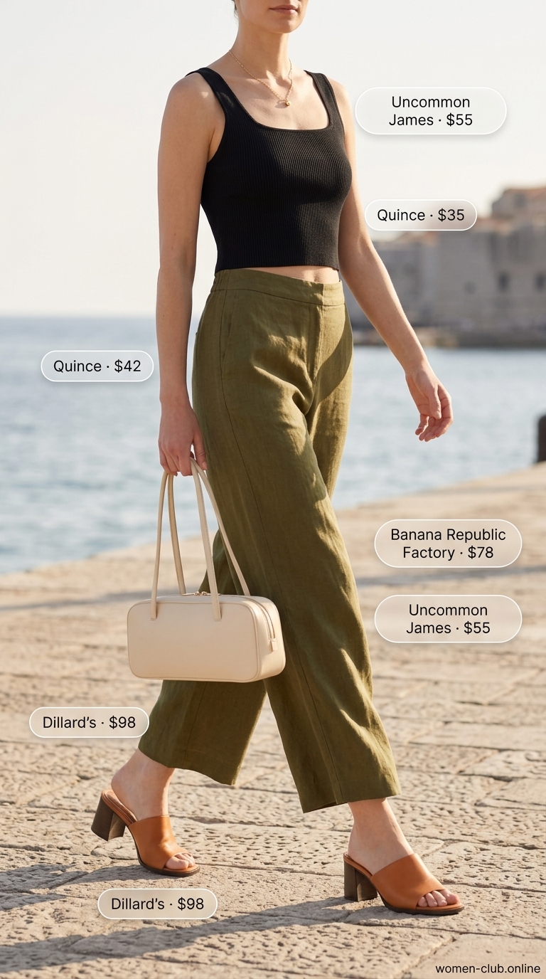 Riviera Brunch Outfit 2026: Chic Crop Top & Linen Pants Olive green linen pants & cream crop top for a sophisticated Riviera brunch outfit 2026.