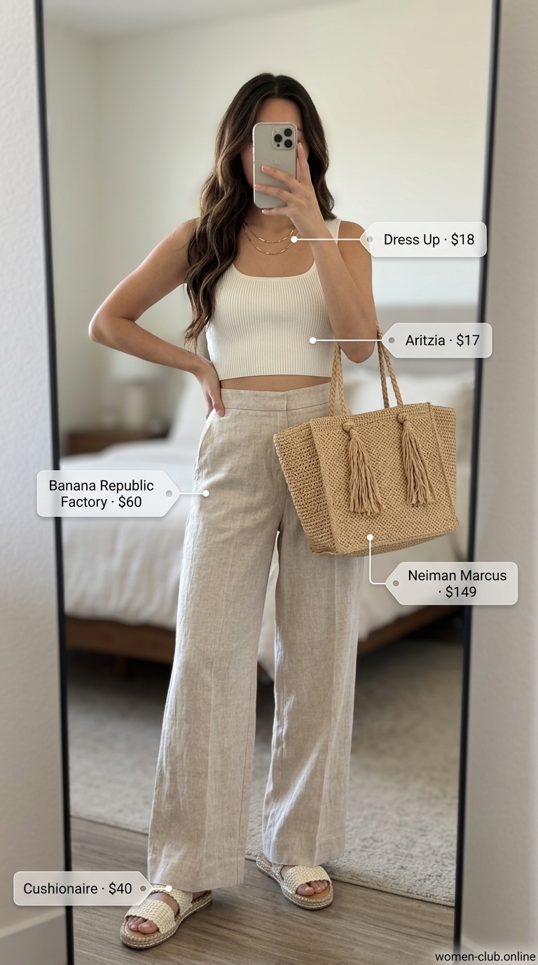 Seaside Linen Lunch: Trendy Summer Crop Top Outfits 2026 Trendy summer crop top outfits 2026: White ribbed crop top with beige linen pants for a relaxed seaside lunch.