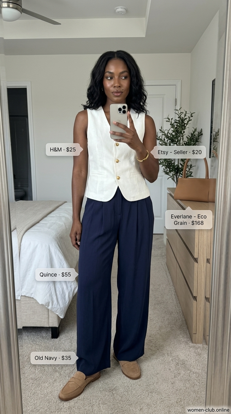 Sophisticated Summer Office: Trendy Summer Crop Top Outfits 2026 Trendy summer crop top outfits 2026: Ivory vest crop top with navy wide-leg trousers for a sophisticated office look.